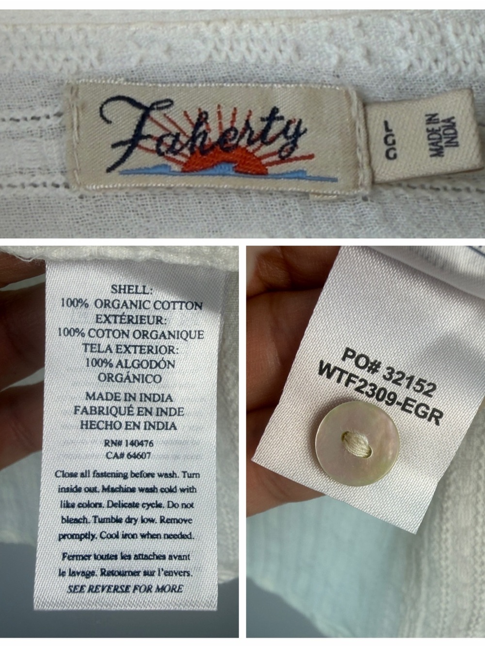 Faherty Olli Organic Cotton Popover Shirt in Egret Long Sleeves Large Minimalist - Picture 15 of 16